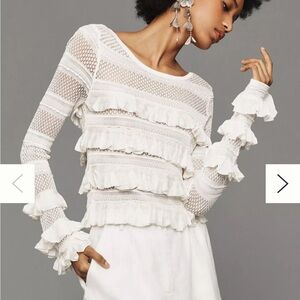 Anthropologie White Ruffle Lace Long Sleeve Top